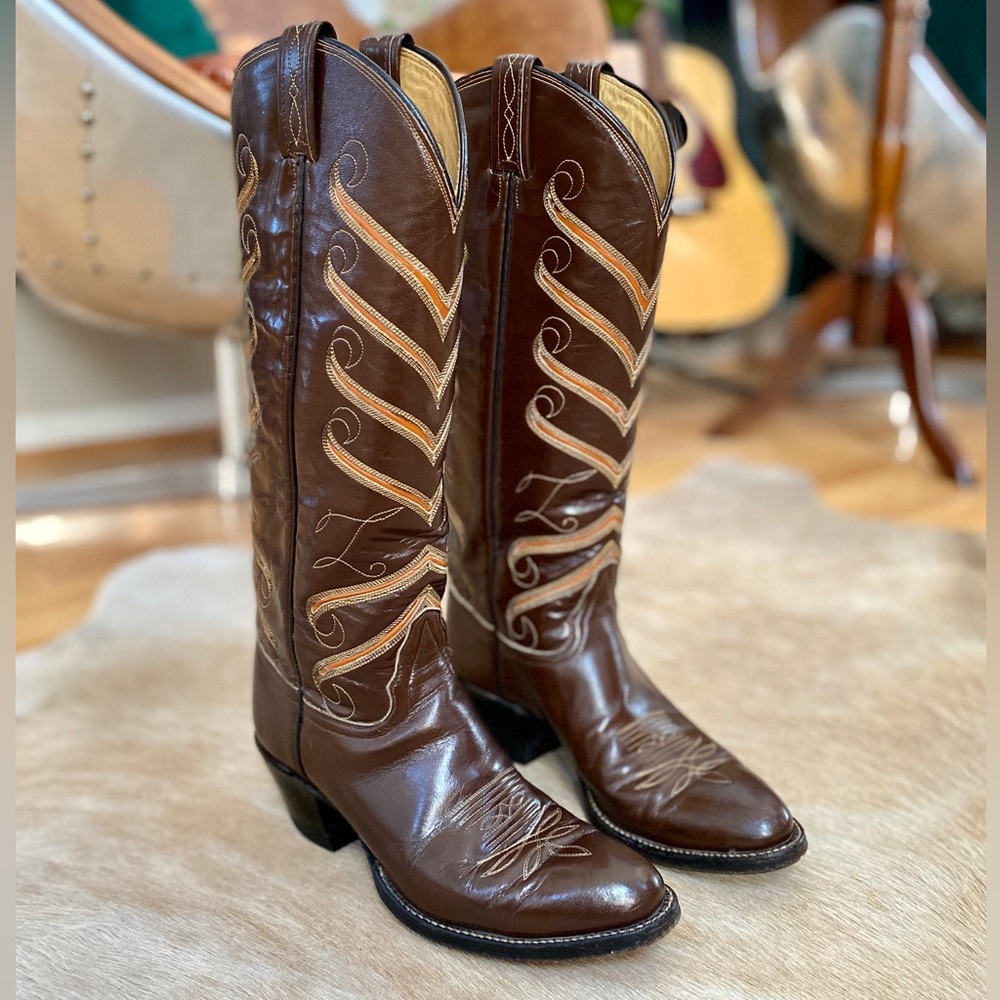 SOLD 🚫 Vintage Tony Lama Western Boots | Leather | Brown Orange & Yellow